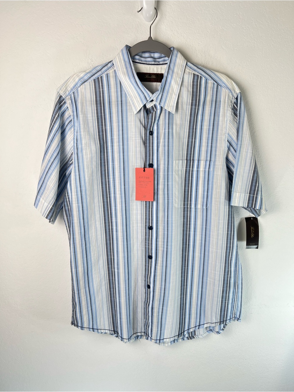 Tasso Elba Cotton Blue White Striped Short Sleeve Fitted Button Down Shirt